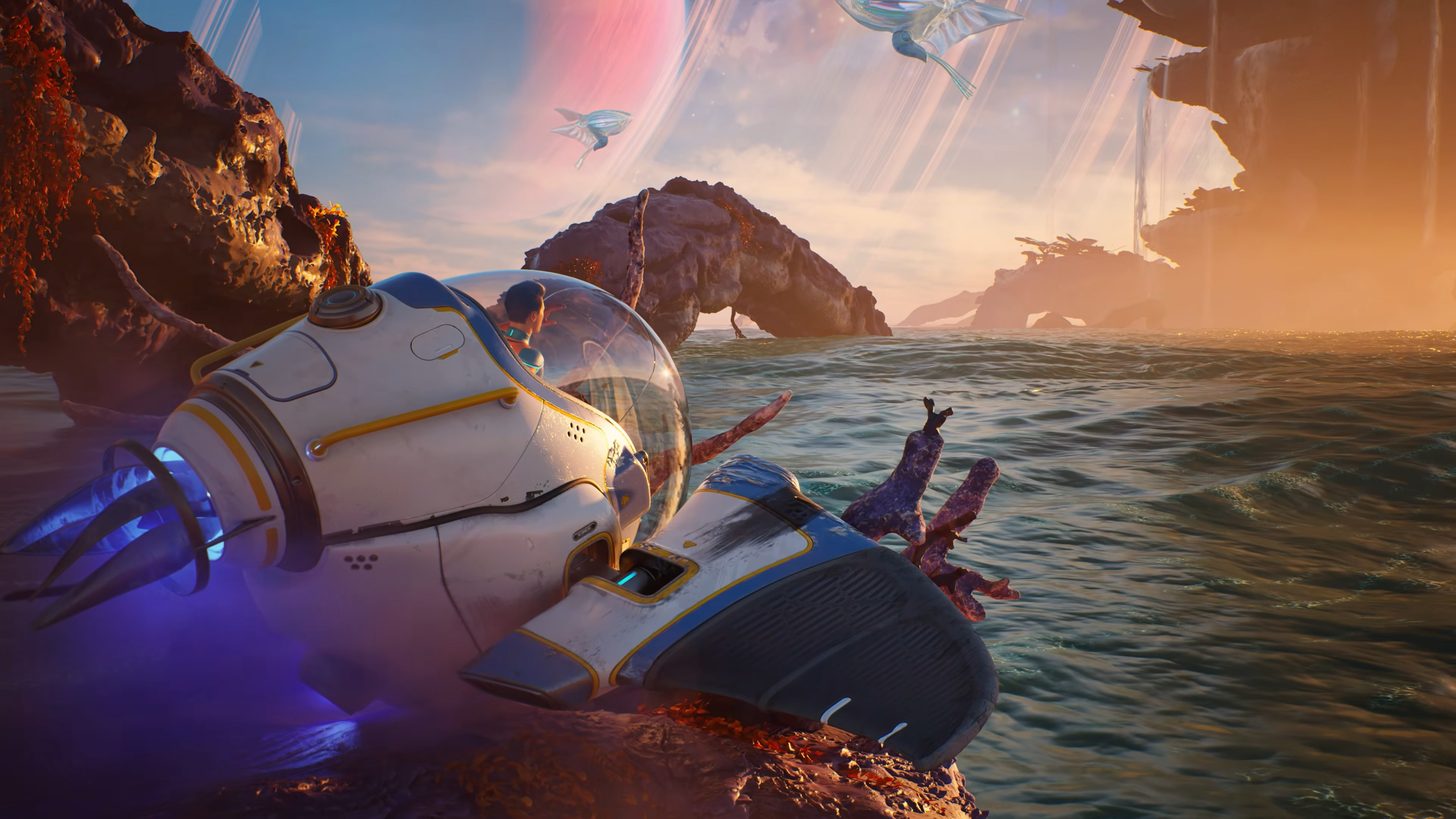 Subnautica 2 guide: A person inside a ship crashed onto the water on an alien planet.