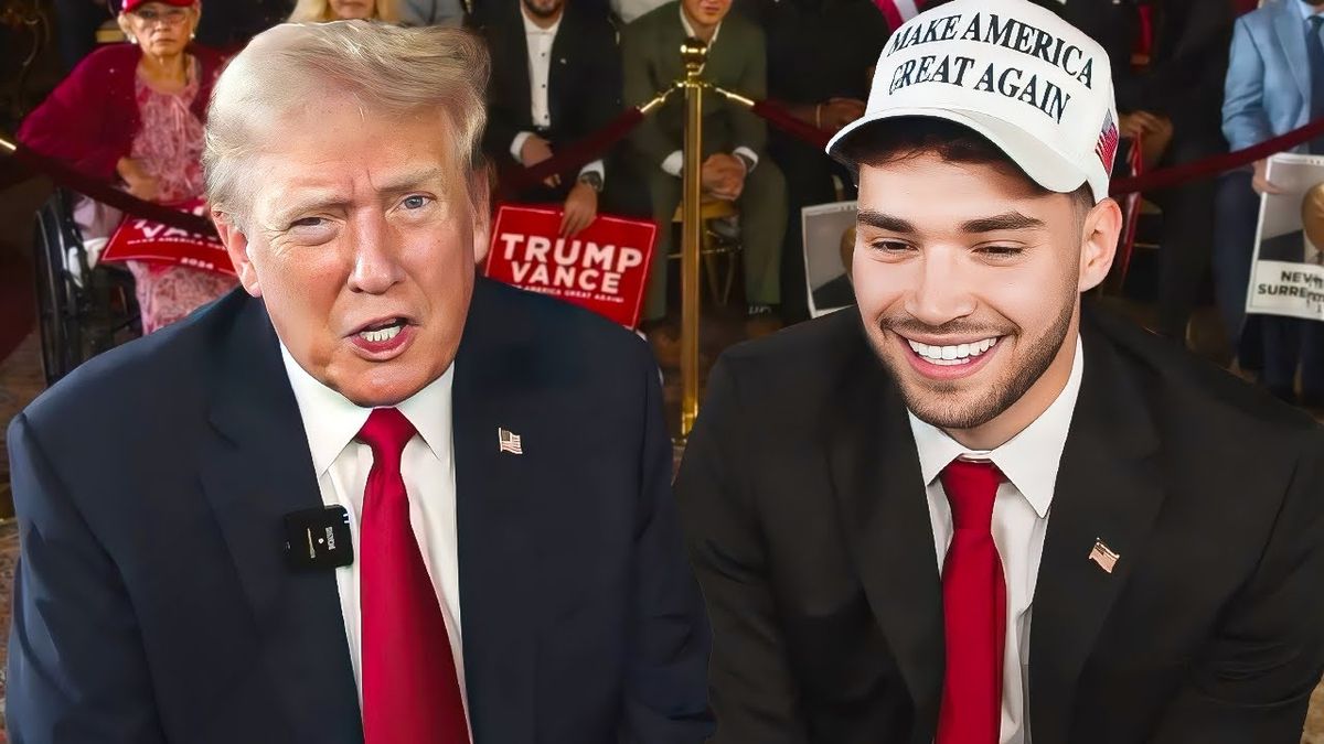 Donald Trump looks into the camera on a stream with Adin Ross, who is wearing a white &quot;Make America great again&quot; cap.