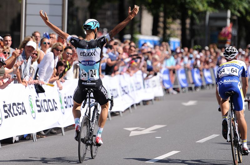 The rear view of Tom Boonen's (Etixx-Quick Step) victory salute