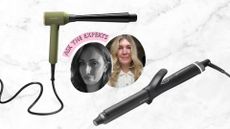 A marble backdrop with images of the ghd Chronos curve curling tong and the michael douglas MD London Curl curling wand with headshots of Ronnie Berg and beauty editor Fiona McKim