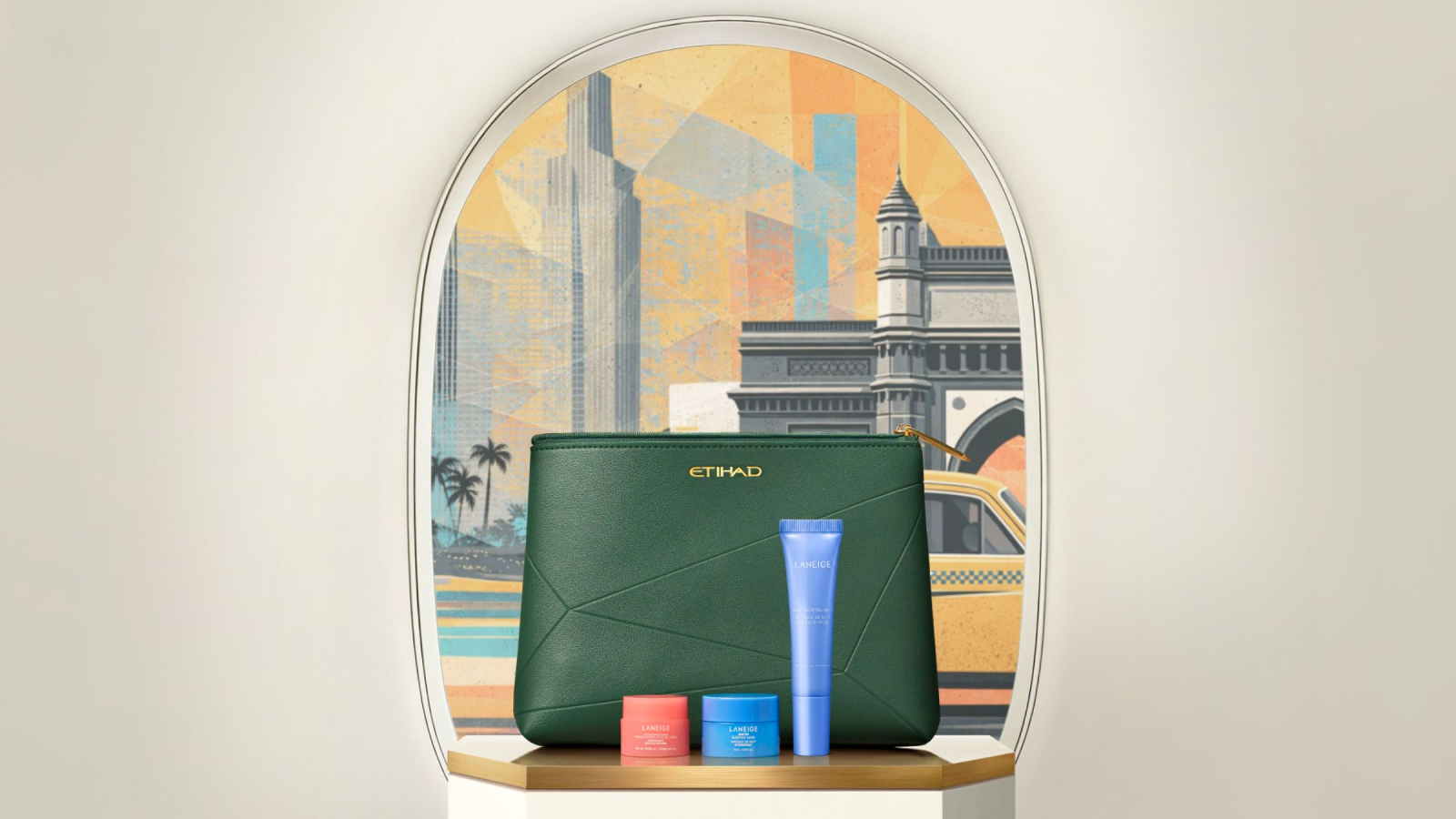 View of a new Etihad Airways business class pouch featuring a range of colours and K-beauty Laneige products