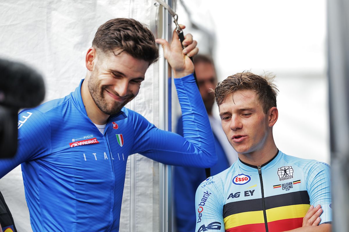 Picture by Alex Whitehead/SWpix.com - 11/08/2023 - Road Cycling - 2023 UCI Cycling World Championships - Stirling, Scotland - Men Elite Time Trial - Remco Evenepoel of Belgium and Filippo Ganna of Italy