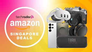 Assortment of tech on a yellow and pink gradient background. "Amazon Singapore Deals" text is on the left.