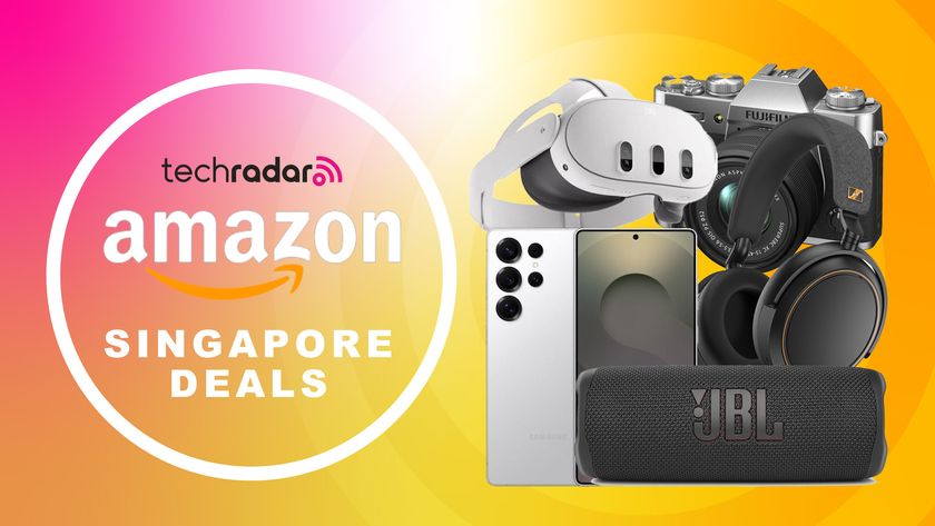 Assortment of tech on a yellow and pink gradient background. "Amazon Singapore Deals" text is on the left.
