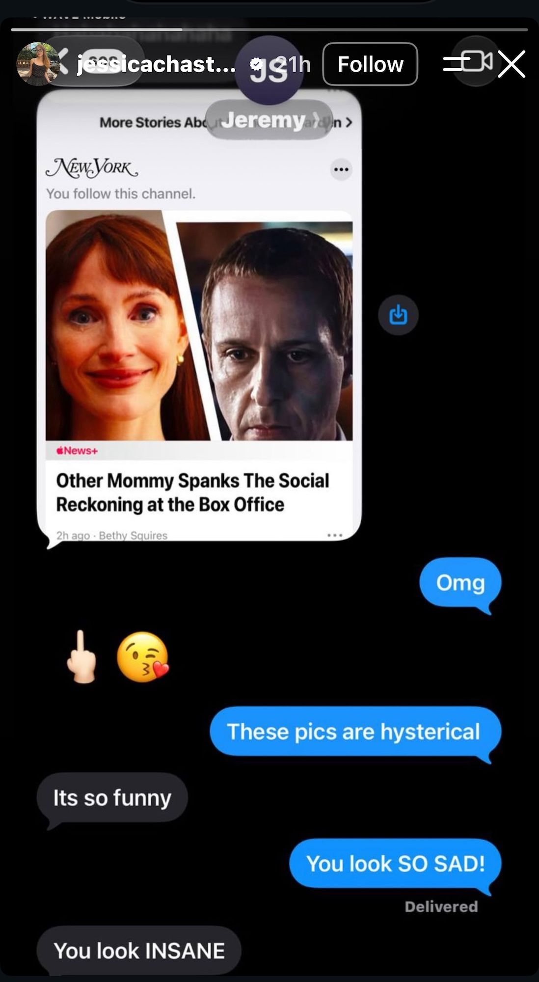 Jessica Chastain and Jeremy Strong text exchange about The Social Reckoning and Other Mommy