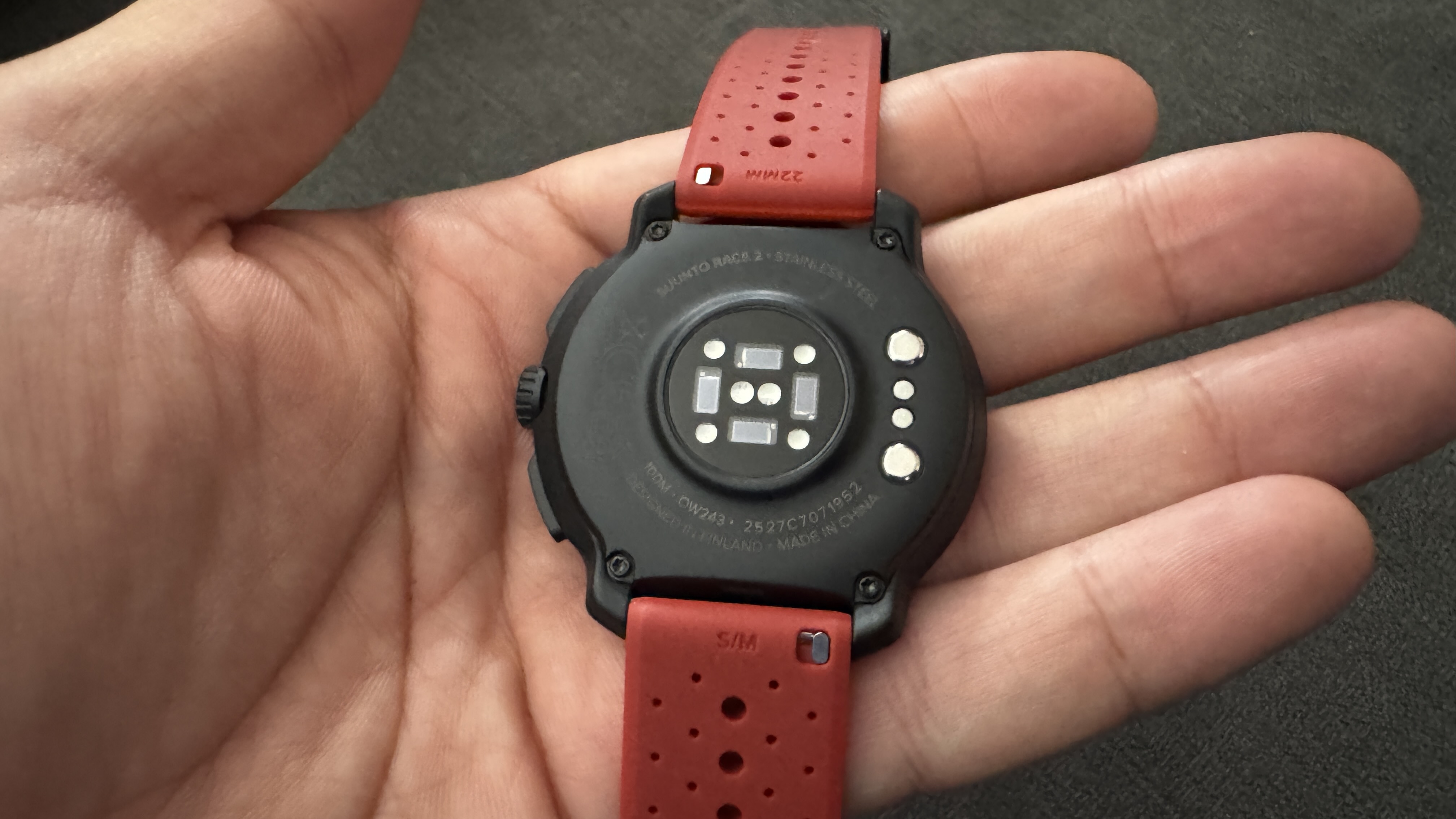 The heart rate sensors on the underside of the Suunto Race 2 watch bezel