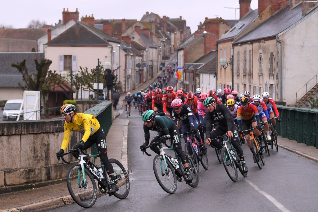 LA CHATRE FRANCE MARCH 10 Maximilian Schachmann of Germany and Team Bora Hansgrohe Yellow Leader Jersey Patrick Konrad of Austria and Team Bora Hansgrohe Pascal Ackermann of Germany and Team Bora Hansgrohe Peloton during the 78th Paris Nice 2020 Stage 3 a 2125km stage from ChalettesurLoing to La Chtre ParisNice parisnicecourse PN on March 10 2020 in La Chatre France Photo by Luc ClaessenGetty Images