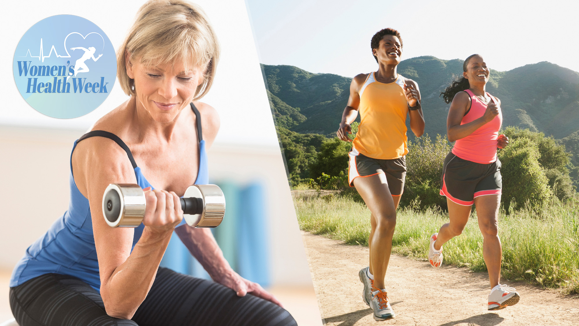 Image left woman performing bicep curl with dumbbell, image right two women running outdoors in nature. Top left Women&#039;s Health Week logo