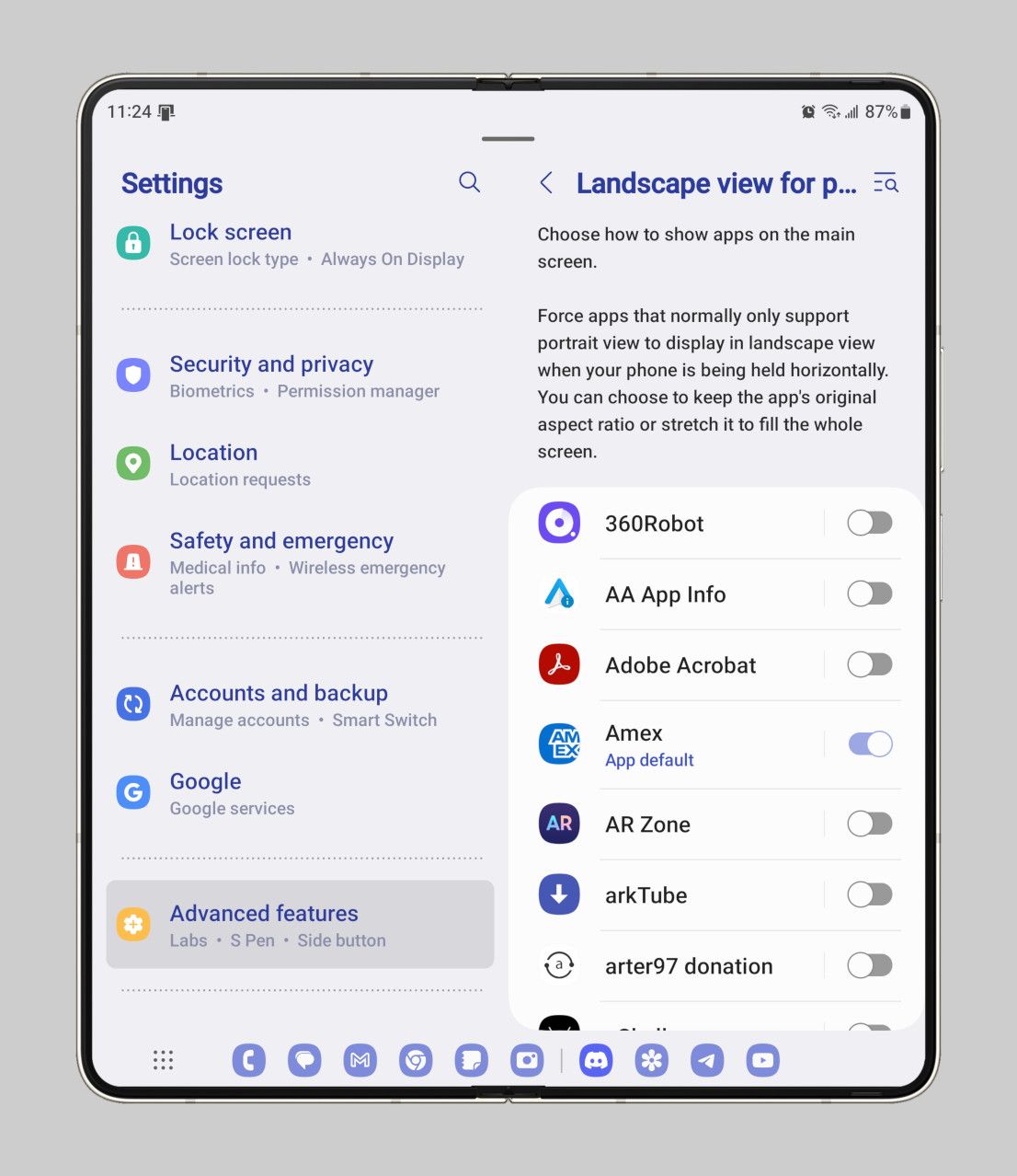 Landscape view for portrait app settings
