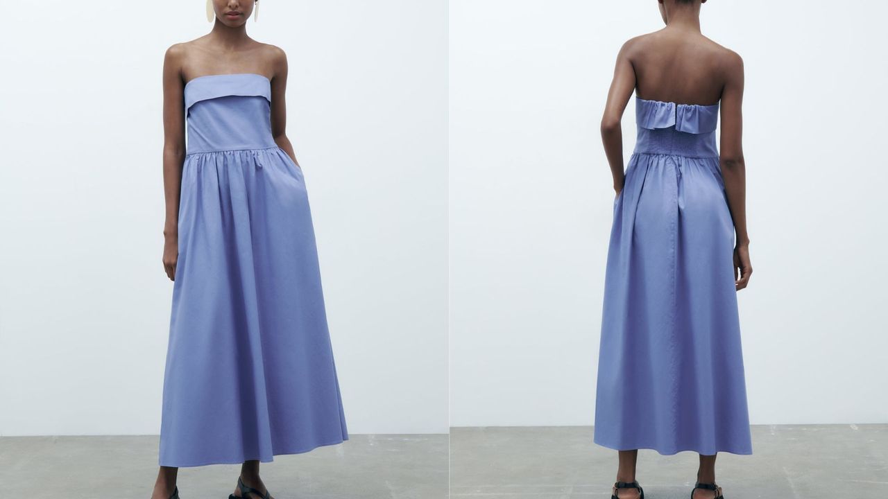 composite of model wearing blue cotton midi dress from zara