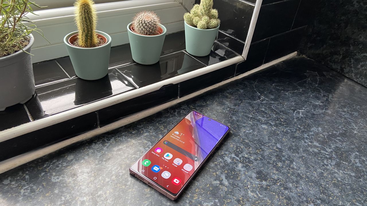 The Samsung Galaxy Note 20 next to a windowsill with three plants in background