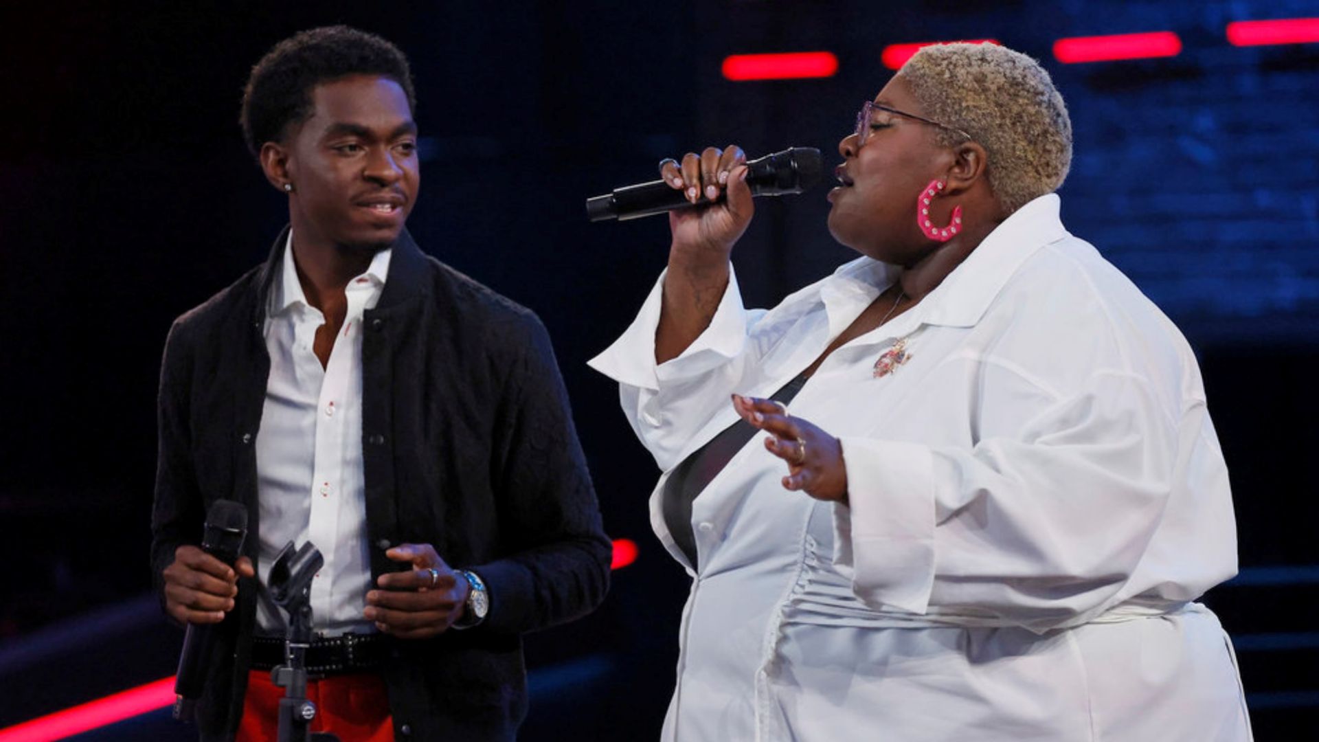 The Voice contestants Chari and Marcus Ladden Jr. performing during rehearsals for The Battles in Season 30.