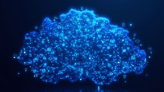 A blue digital cloud containing lots of symbols on a dark blue background
