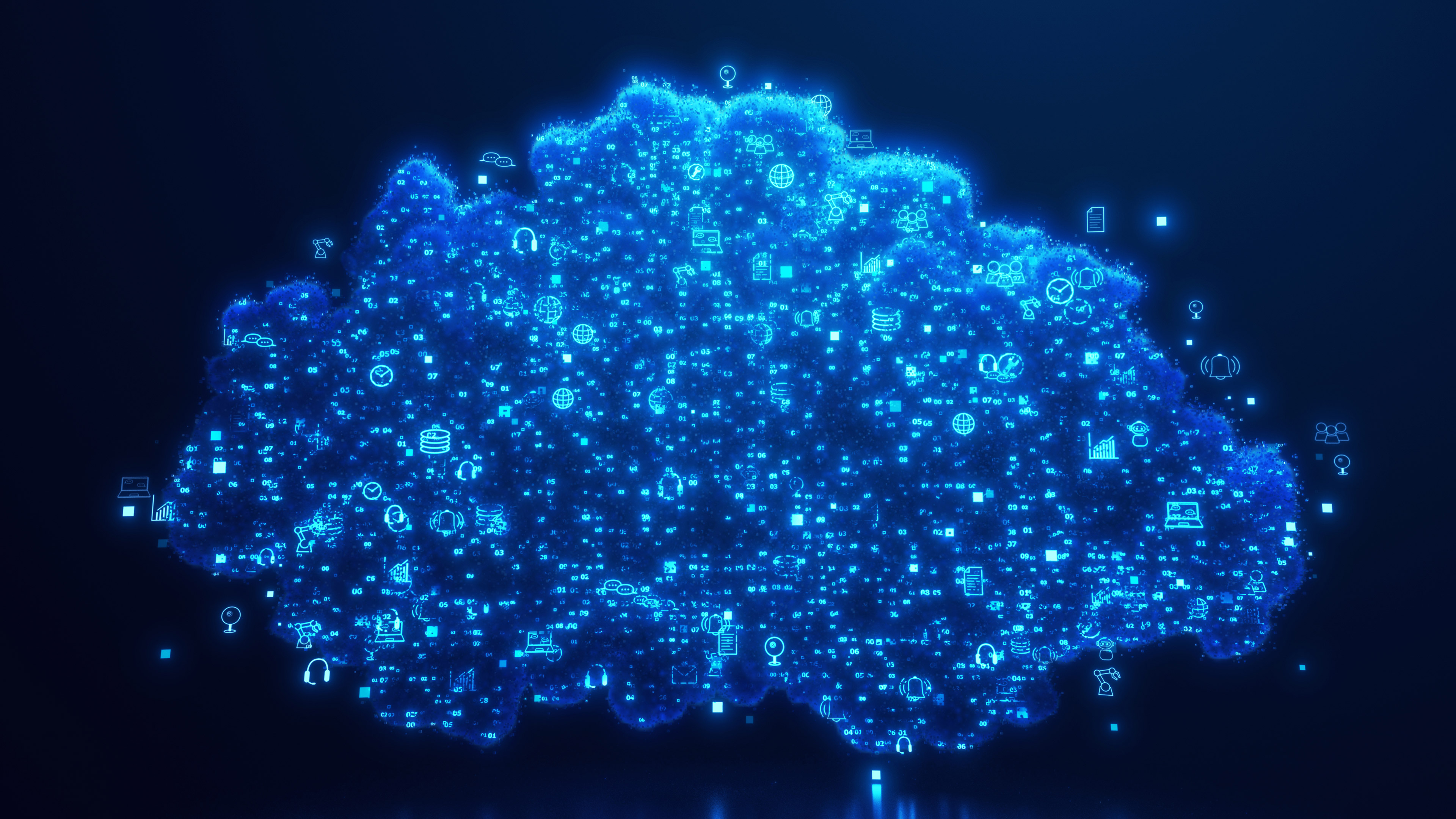 A blue digital cloud containing lots of symbols on a dark blue background