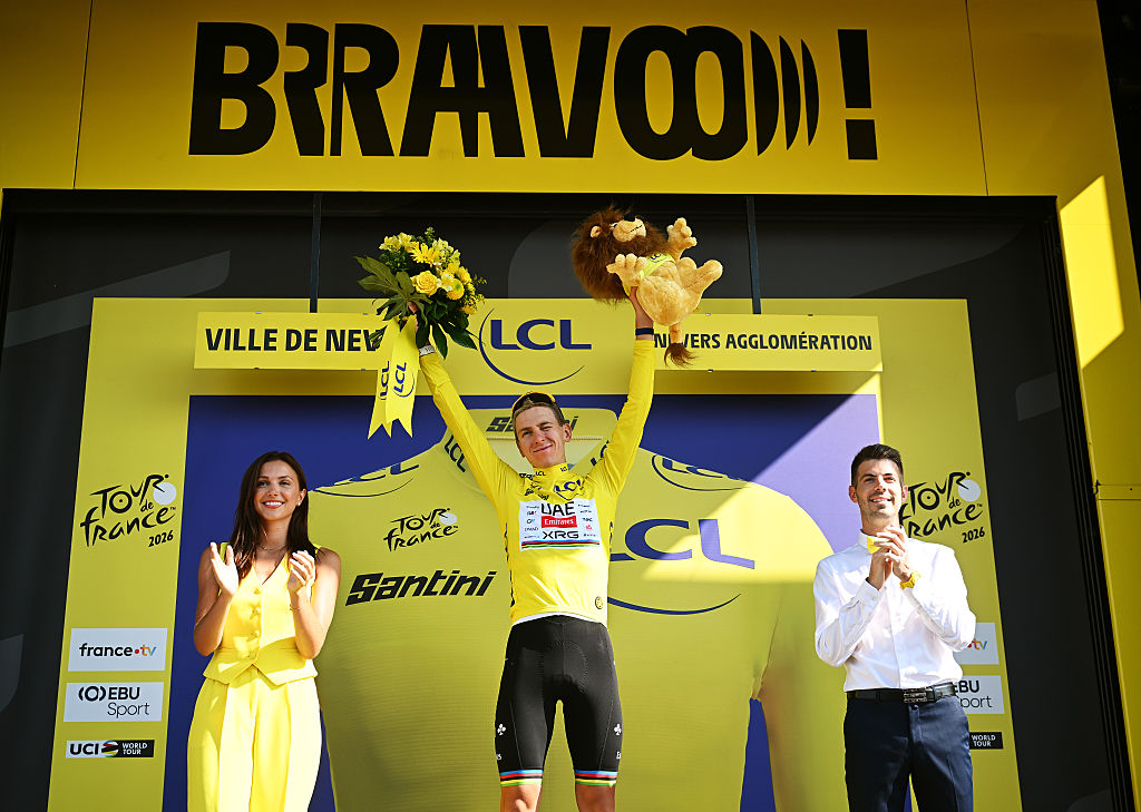 NEVERS, FRANCE - JULY 15: Tadej Pogacar of Slovenia and UAE Team Emirates - XRG celebrates at podium as Yellow Leader Jersey winner during the 113th Tour de France 2026, Stage 11 a 161.3km stage from Vichy to Nevers / #UCIWT / on July 15, 2026 in Nevers, France. (Photo by Dario Belingheri/Getty Images)