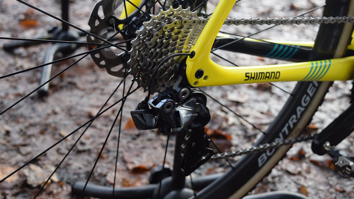 The Shimano Dura-Ace R9150 rear derailleur hugs the rear wheel, reducing the risk of damage in a crash