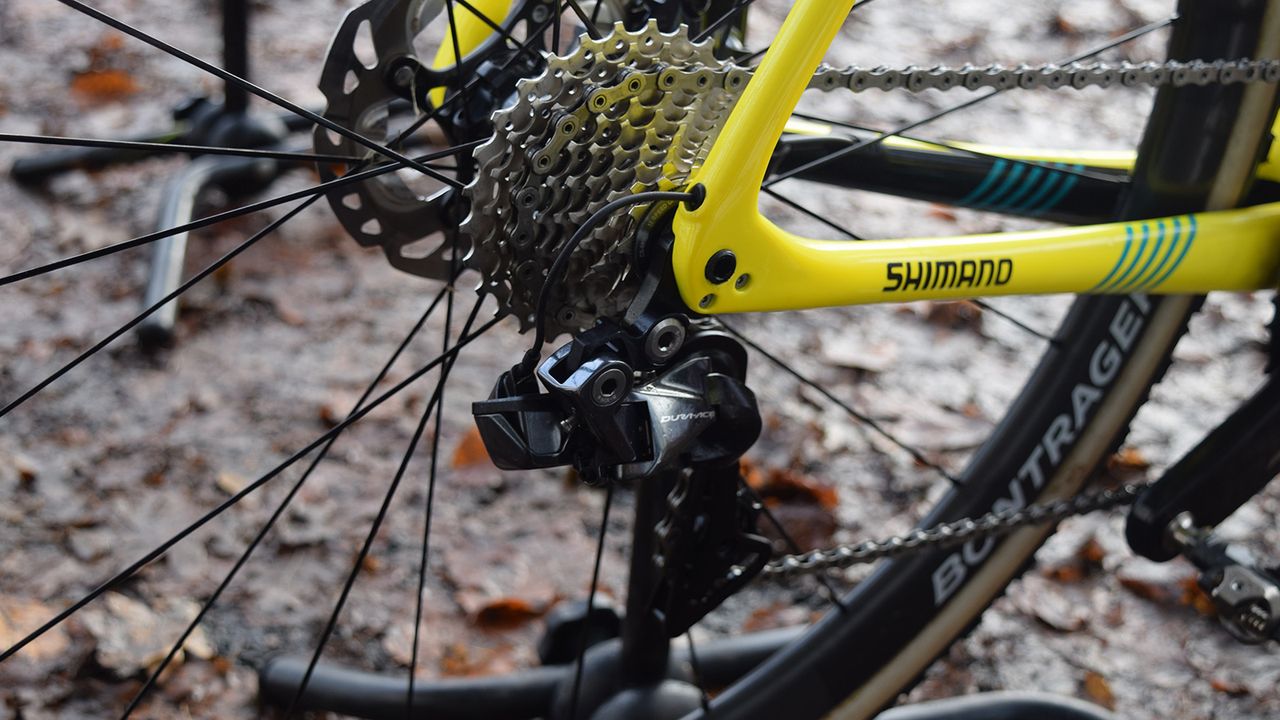 The Shimano Dura-Ace R9150 rear derailleur hugs the rear wheel, reducing the risk of damage in a crash