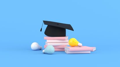 Pink and white books with college graduation cap and lightbulbs