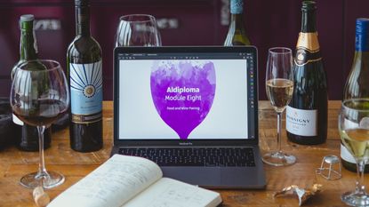 Aldi Wine School with wine bottles and laptop for learning modules