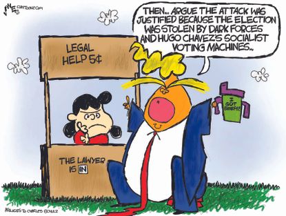 Political Cartoon U.S. Trump impeachment defense lucy peanuts