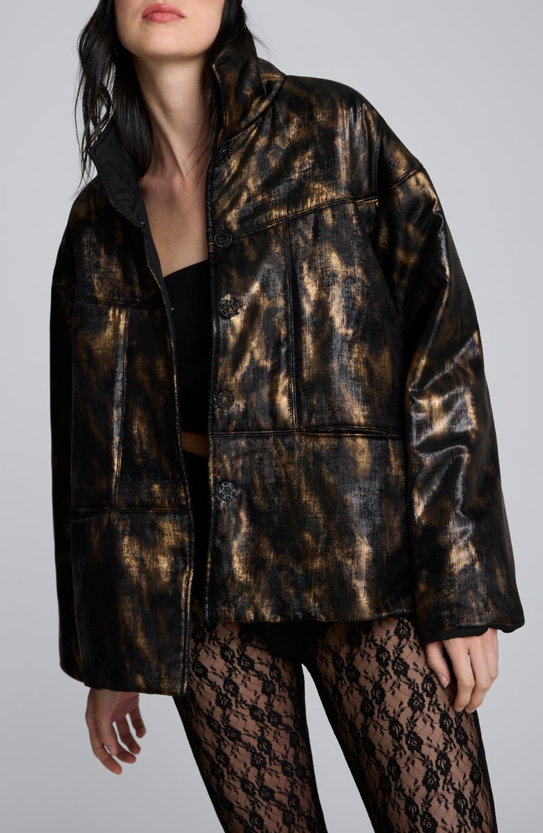 Animal Print Foiled Satin Seamed Puffer Jacket