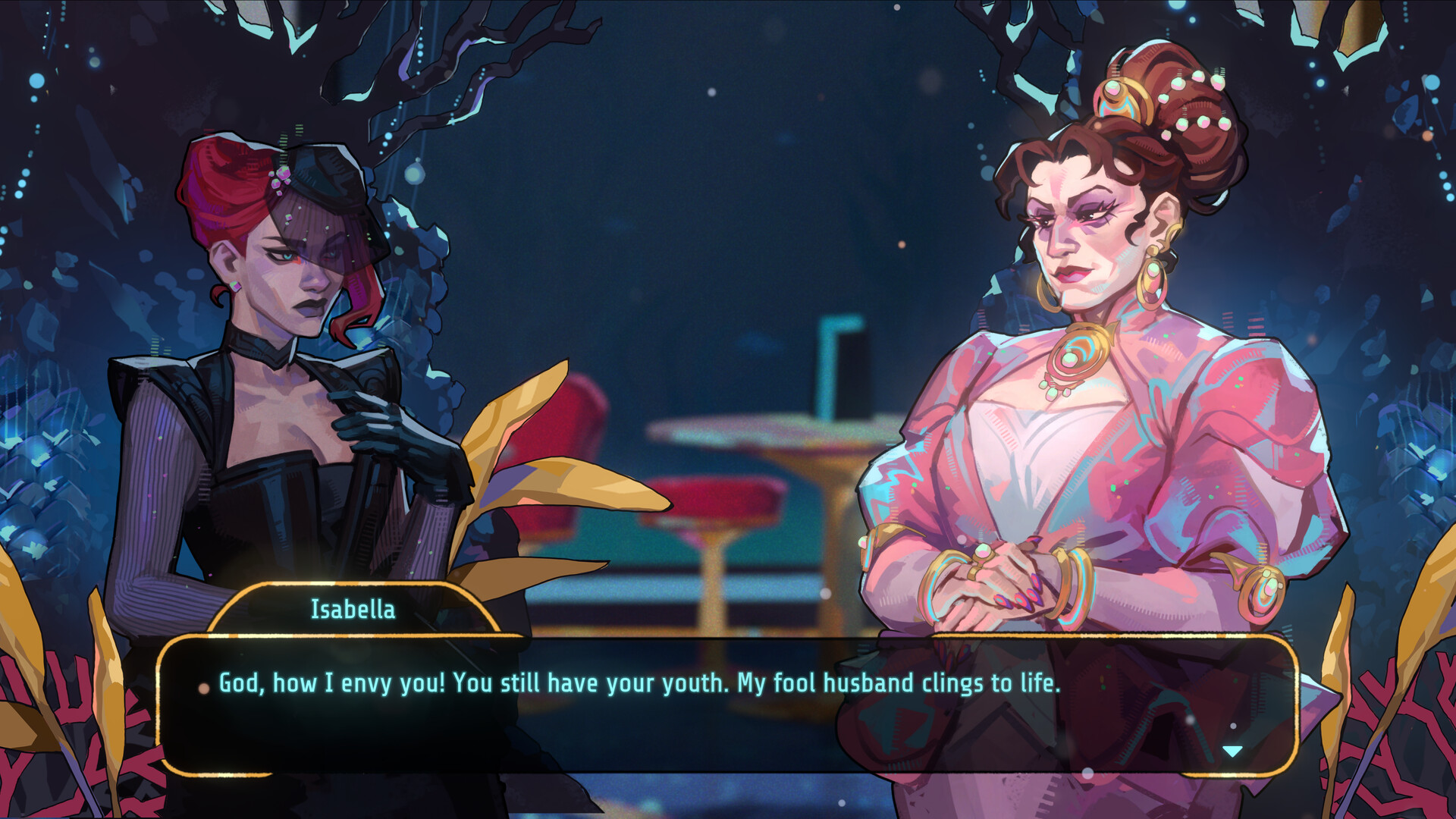 Better Than Us promo image showing two ladies in fancy clothing having a discussion, with a text box along the bottom of the screen showing their dialogue