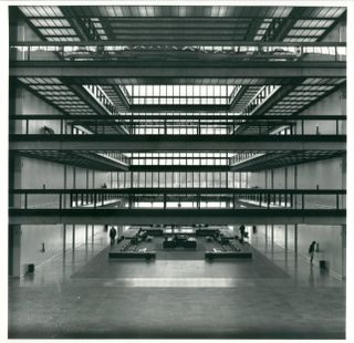 Bell Labs archive imagery, black and white of minimalist office space