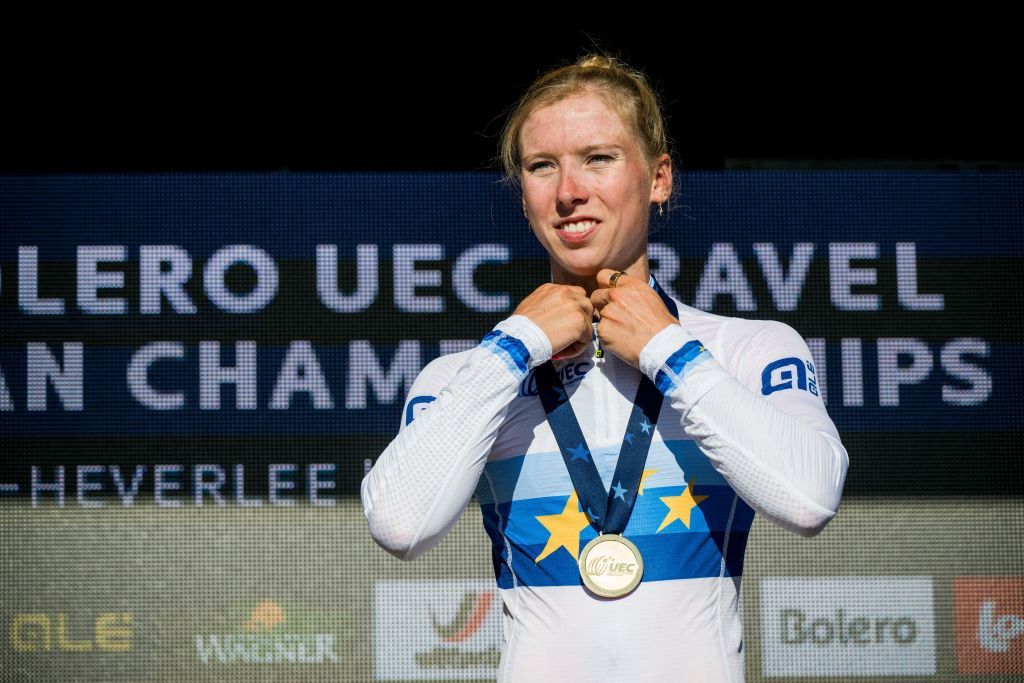 Dutch Lorena Wiebes celebrates on the podium of the womens elite race at the European Gravel cycling Championships in Heverlee on October 1 2023 Photo by JASPER JACOBS Belga AFP Belgium OUT Photo by JASPER JACOBSBelgaAFP via Getty Images