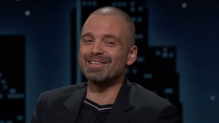Sebastian Stan without hair on Jimmy Kimmel Live! with the Thunderbolts cast, April 2025 