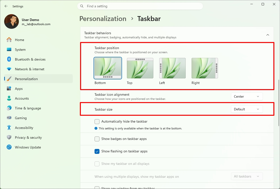 Windows 11 Settings in the Taskbar page showing the Taskbar position settings.