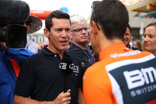 Robbie McEwen interviews race leader Richie Porte at the 2017 Tour Down Under