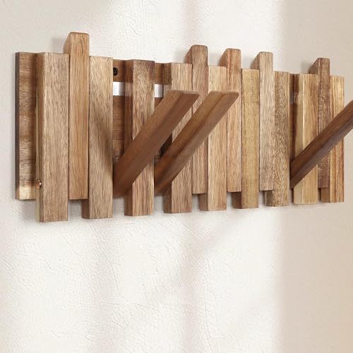 Kingsow Coat Rack Wall Mounted: Rustic Wooden 8 Flip-Down Hooks &amp;ndash; 42.5x17x2.5cm Space-Saving Hallway Wall Hooks for Coats Jackets Bags Hats (staggered Style)