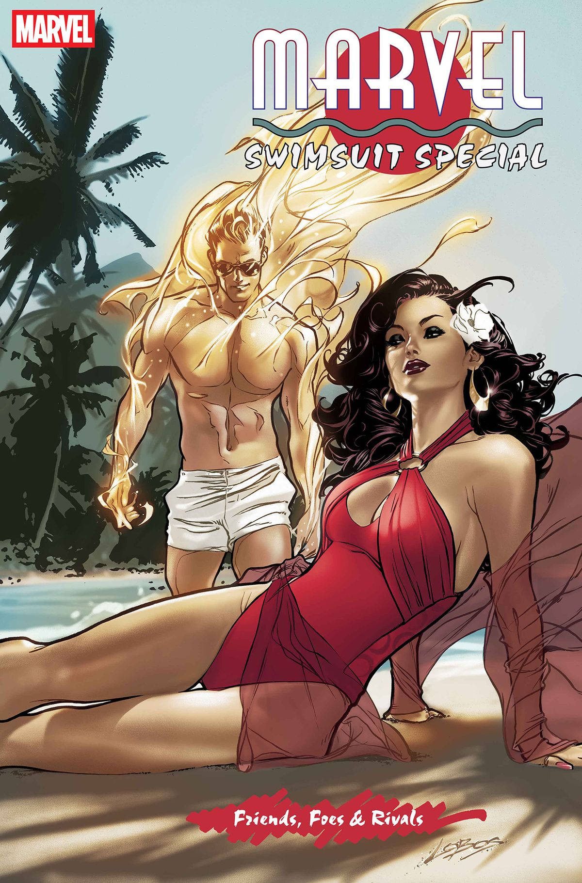 Johnny Storm and Wanda Maximoff lounging in beachwear