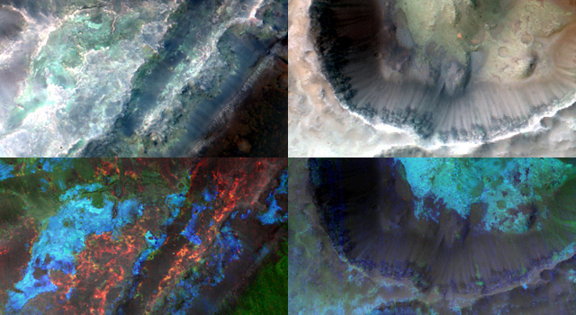 Impact cratering and erosion combine to reveal the composition of the Martian underground by exposing materials from the subsurface.