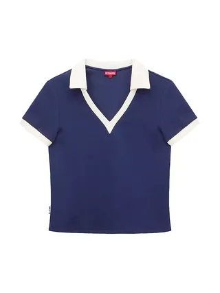a navy blue collared polo shirt with white trim