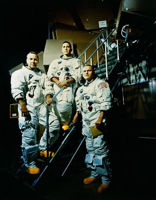 Three astronauts rode aboard Apollo 8: James Lovell, William Anders and Cmdr. Frank Borman, shown here in a photograph taken a few months before their flight.