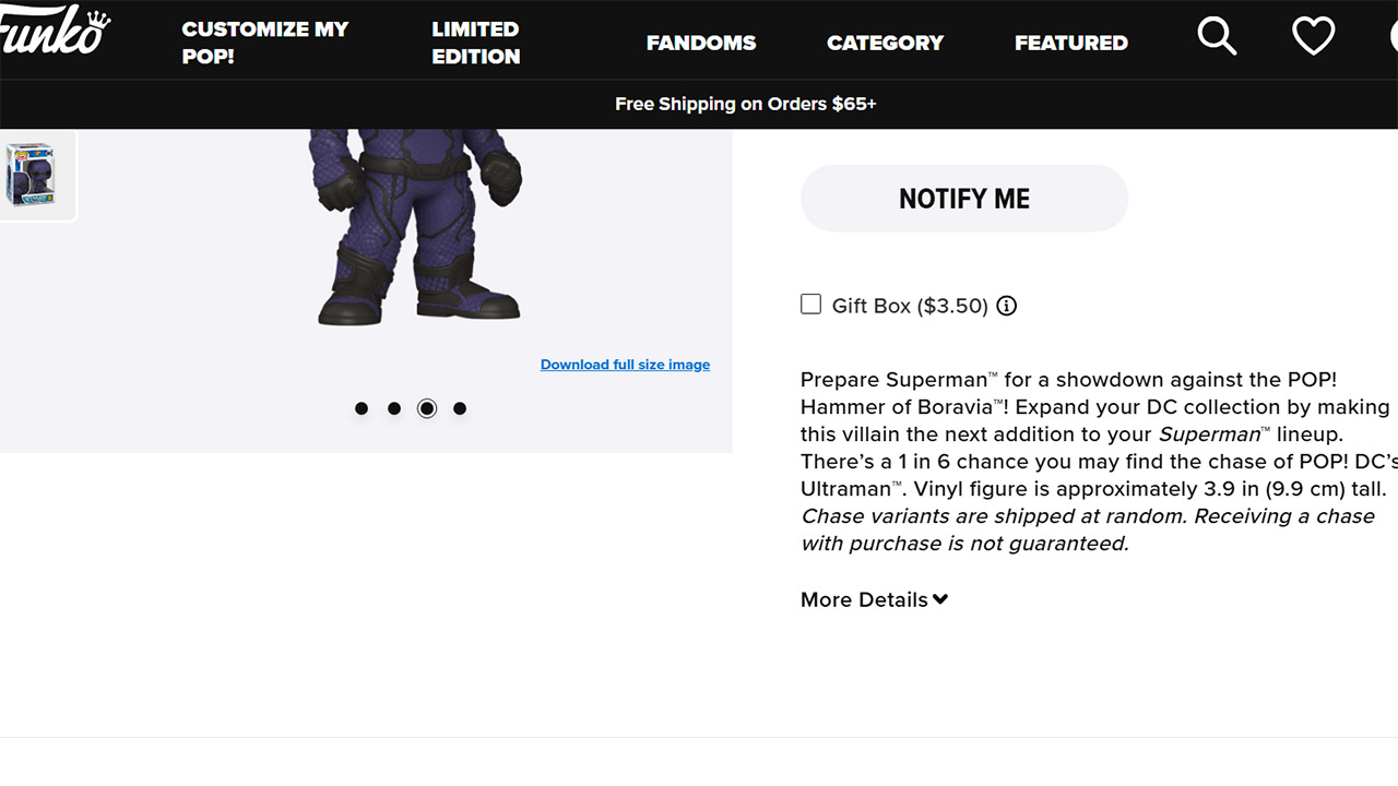 A screenshot of the official description for the Hammer of Boravia/Ultraman Superman figure on the Funko Pop website
