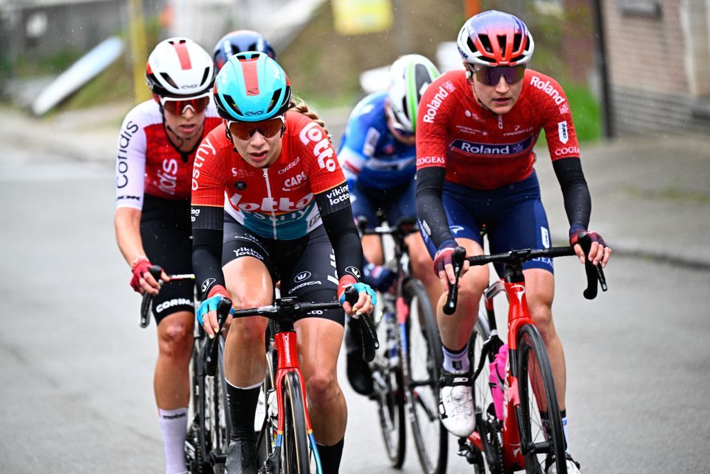 Belgian Mieke Docx of Lotto Dstny Ladies on the breakaway group pictured during the women's race of the 'Ronde van Vlaanderen/ Tour des Flandres/ Tour of Flanders' one day cycling event, 163km with start and finish in Oudenaarde, Sunday 31 March 2024. BELGA PHOTO JASPER JACOBS (Photo by JASPER JACOBS / BELGA MAG / Belga via AFP)