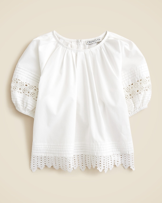 Girls' Crochet-Trim Puff-Sleeve Top in Cotton Poplin
