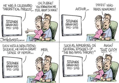 Editorial cartoon U.S. Stephen Hawking death conservatives Bing Bang Theory