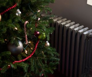 A christmas tree next to a radiator