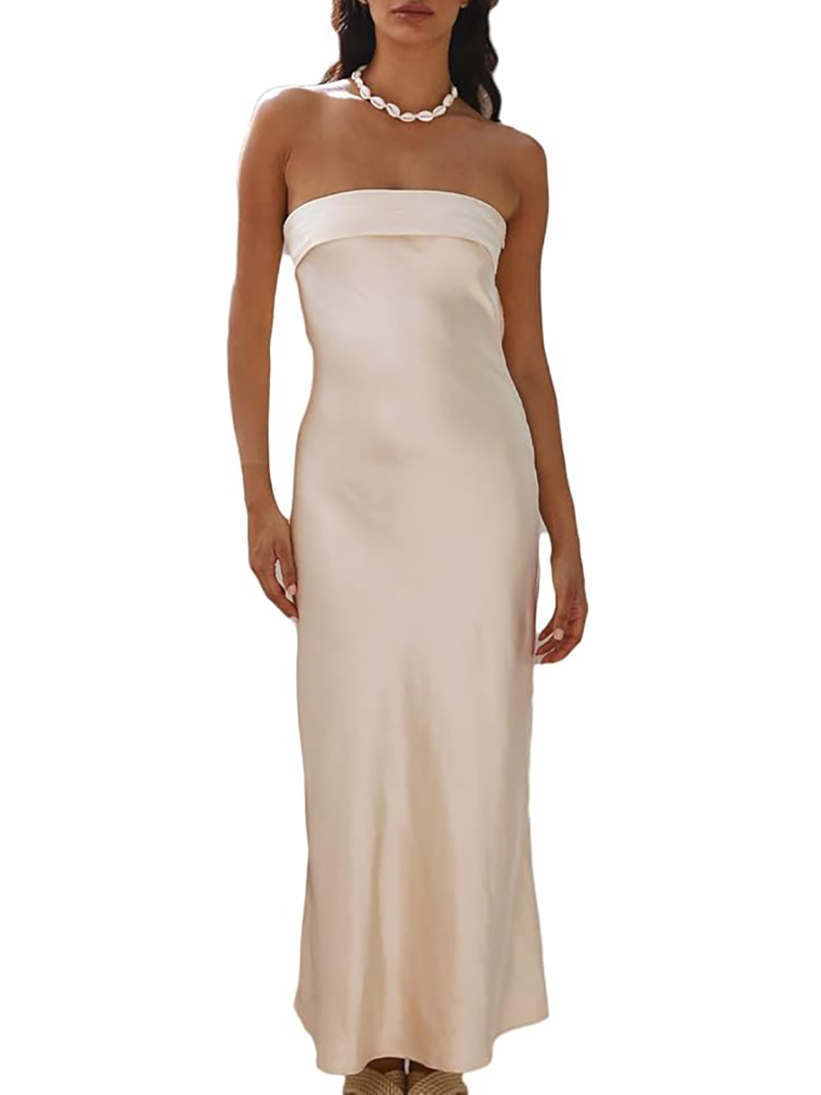 Realtix, Realtix Satin Silk Backless Tube Tops Maxi Dress for Women Low Back Hollow Out Elegant Strapless Long Dresses Wedding Guest Champagne