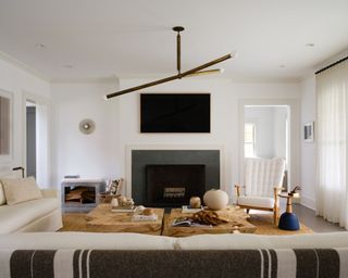 white modern living room with fireplace and tv on wall