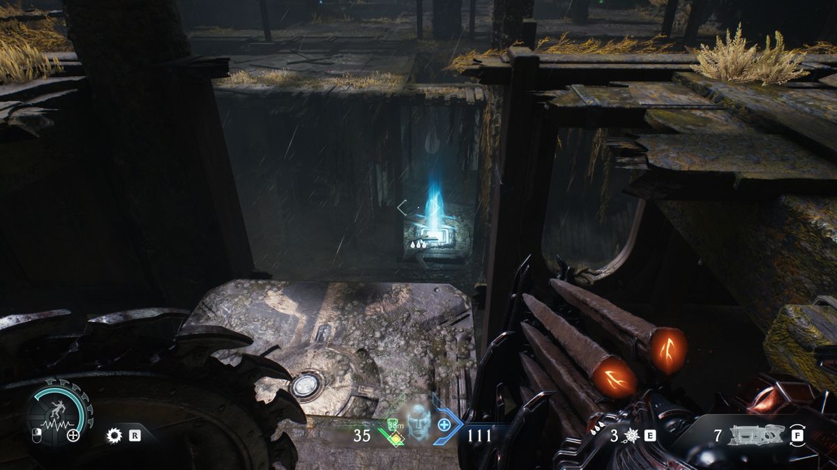 Doom: The Dark Ages Chapter 14 secrets - A jump pad at the base of the ship hull that leads up to a wooden platform with a ruby.