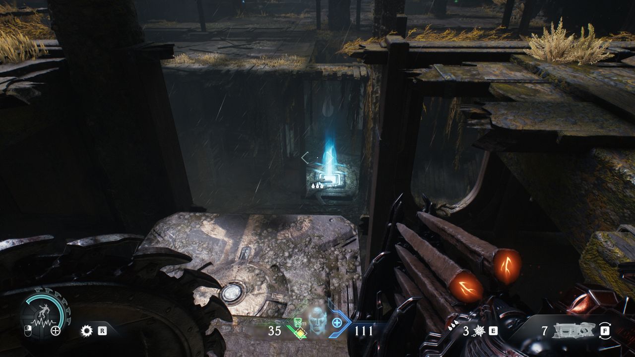 Doom: The Dark Ages Chapter 14 secrets - A jump pad at the base of the ship hull that leads up to a wooden platform with a ruby.