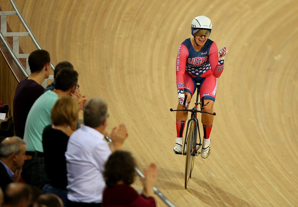 Sarah Hammer of USA celebrates after winning the Women's Team Pursuit final during Day Three of the UCI Track Cycling World Championships