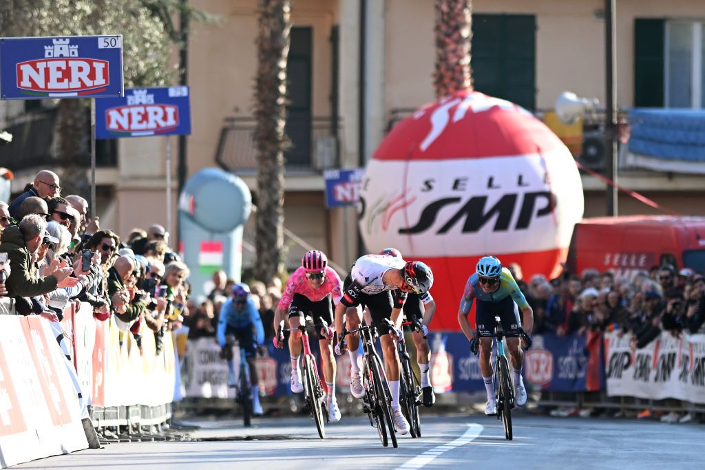 LAIGUEGLIA ITALY MARCH 05 Juan Ayuso Pesquera of Spain and UAE Team Emirates XRG sprints at finish line to win the race during the 62nd Trofeo Laigueglia 2025 a 197km one day race from Laigueglia to Laigueglia on March 05 2025 in Laigueglia Italy Photo by Dario BelingheriGetty Images