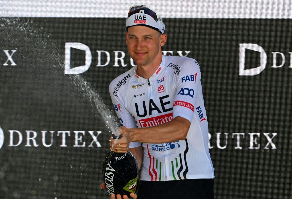 KARPACZ POLAND AUGUST 13 Tim Wellens of Belgium and UEA Team Emirates celebrates at podium as stage winner during the 81st Tour de Pologne Stage 2 a 154km individual time trial stage from Mysakowice to Karpacz UCIWT on August 13 2024 in Karpacz Poland Photo by Luc ClaessenGetty Images