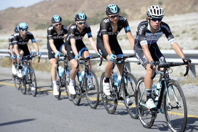 Rigoberto Uran (Omega Pharma QuickStep) rides ahead of his old teammates at Sky