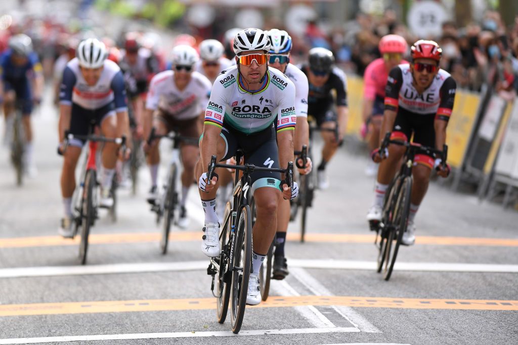 MATAR SPAIN MARCH 27 Arrival Peter Sagan of Slovakia and Team BORA Hansgrohe Celebration during the 100th Volta Ciclista a Catalunya 2021 Stage 6 a 1938km stage from Tarragona to Matar VoltaCatalunya100 on March 27 2021 in Matar Spain Photo by David RamosGetty Images